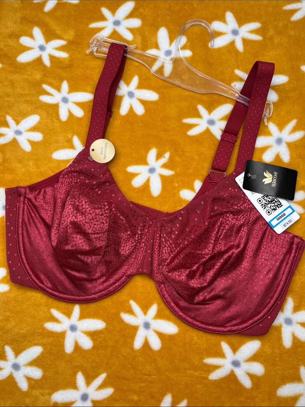 NWT $74 Wacaol Deep Wine Red Full Coverage Back Smoothing Underwire Bra 36DDD